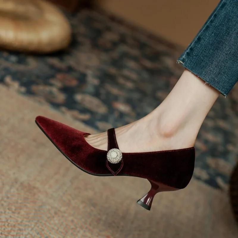 Women'S Shoes And Accessories - ワインレッド ポインテッドトゥ メリージェーンシューズ レディース ヴィンテージ ワンバックル