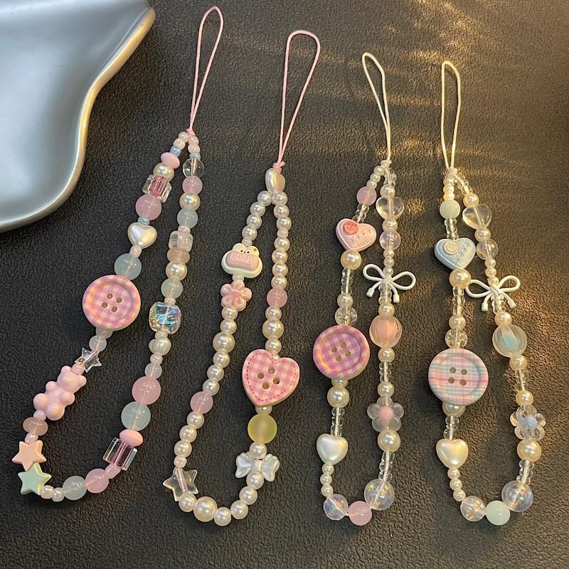 Women'S Korean Accessories - かわいい韓国風ピンクボタン3Dビーズ付き携帯ストラップ、紛失防止ユニバーサルリストフォンチェーン、女性用ファッションアクセサリー