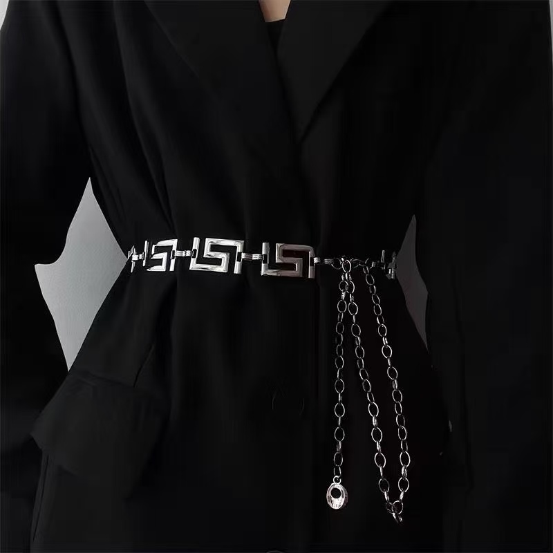 Women'S Jeans Accessories Chain - ギリシャキー幾何学模様のメタルウエストチェーン、光沢のある装飾ボディベリーベルト、女性用ジーンズ、クロップトップ、ドレス、デイリーアウトフィットアクセサリー