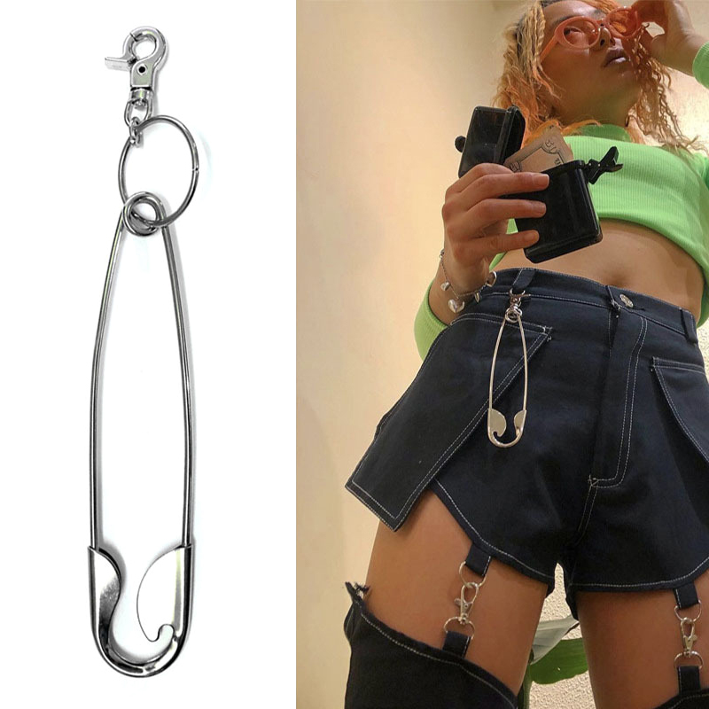 Women'S Jeans Accessories Chain - 女性と男性のためのステンレス鋼の金属製ペンダント付きキーホルダー,大きなパンク,安全ピン,原宿,クール,ヒップホップスタイル,ジーンズアクセサリー