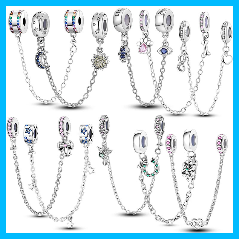 Women Accessories Pandora - 銀メッキレインボームーン安全チェーンチャーム、オリジナルブレスレット、バッグキーホルダーチャーム、ビーズペンダント、DIY女性用ジュエリーギフトに最適