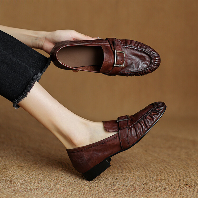 Women'S Shoes And Accessories - 女性用本革モカシン,丸いつま先の靴,プリーツパンプス,厚手のヒール,ファッション,秋,新品