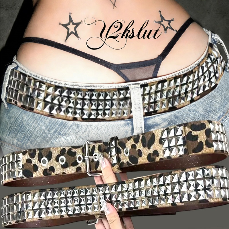 Women'S Jeans Accessories Chain - Y2K レオパード柄リベットベルト スクエアビーズ トレンド 迷彩柄 ウエストチェーン