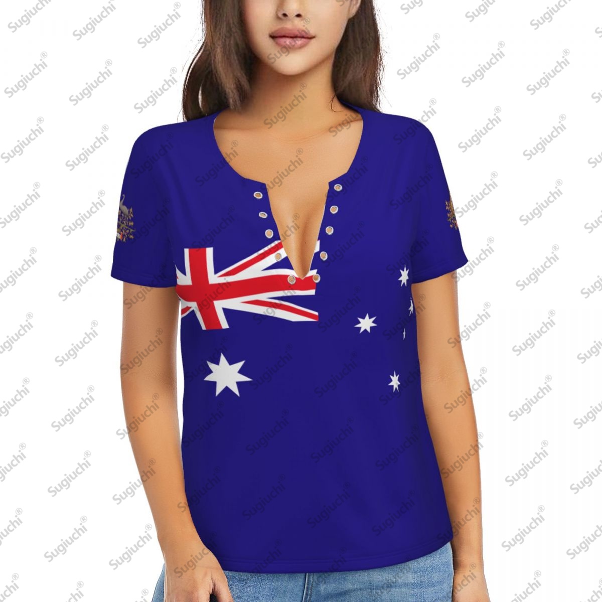 Women'S Accessories Australia - 2025年オーストラリア国旗セクシーディープVネック女性用3D半袖ファッショントップス女性服トップスガールカジュアルブラウスTシャツ