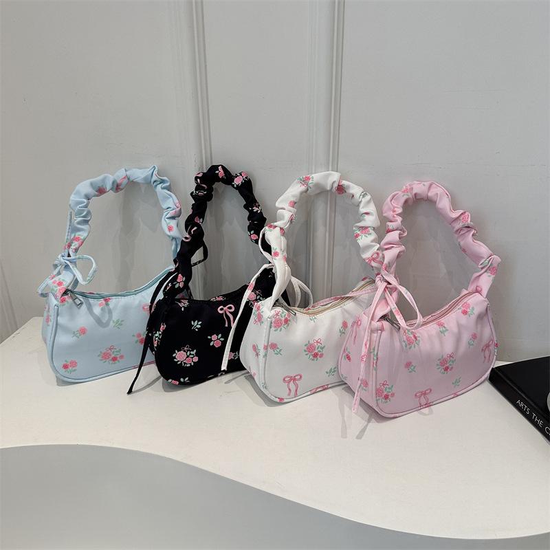 Women'S Korean Accessories - 韓国製キャンバスショルダーバッグ、かわいい花柄のリボンプリント、女の子向けのトレンディなハンドバッグ、オールシーズン対応のアクセサリー