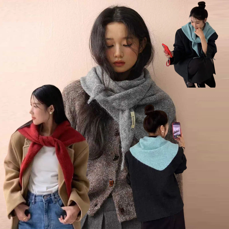 韓国ウールニット三角ショール冬暖かい多用途ショール大型カラフ - Women'S Korean Accessories のレビューと価格