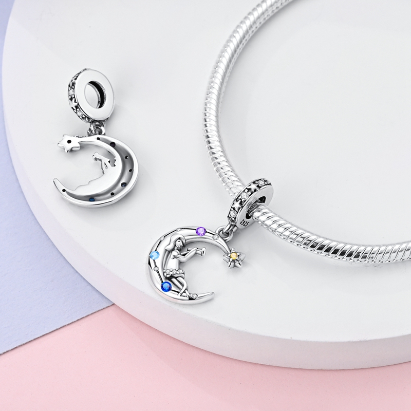 女性用シルバーメッキ猫ペンダント,月の形,星,ラブチャーム, - Women Accessories Pandora のレビューと価格